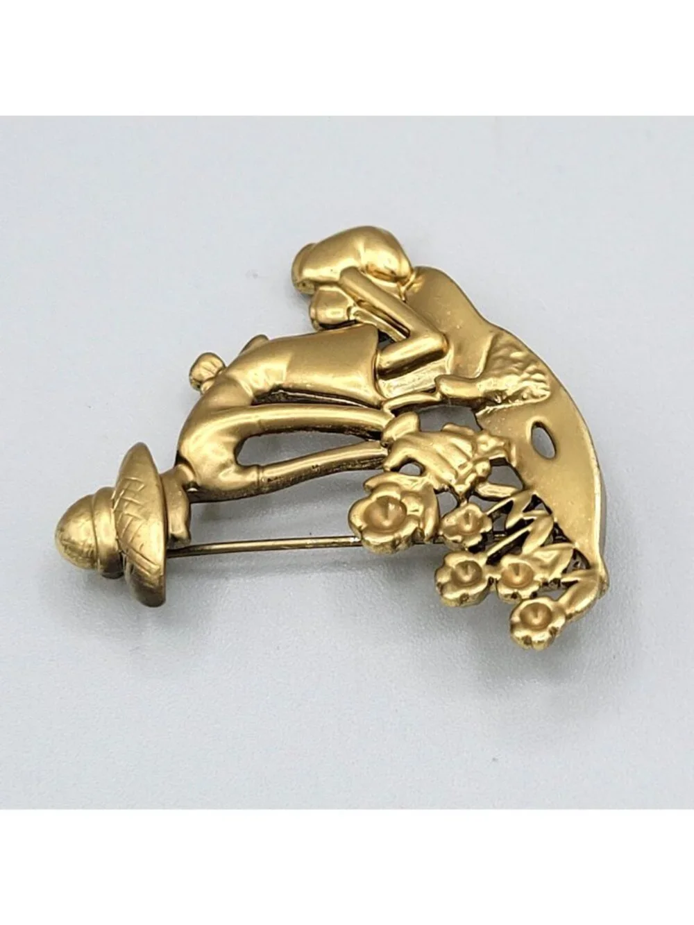 Gold Tone Gardening Woman Brooch Lady Kneeling Planting Flowers Vintage